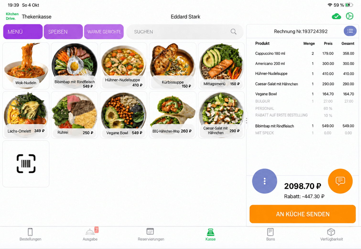 Kitchen Drive Kasse auf einem Tablet: Speisekarte mit Fotos, Bestelldetails und Weiterleitung an die Küche